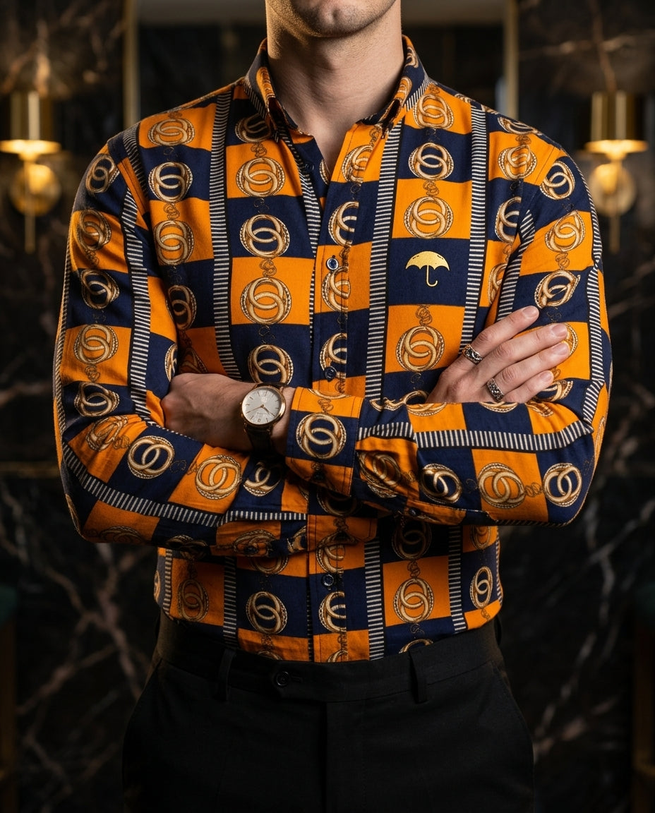 Men's Casual Slim Fit Shirt Navy and Orange Check Ring