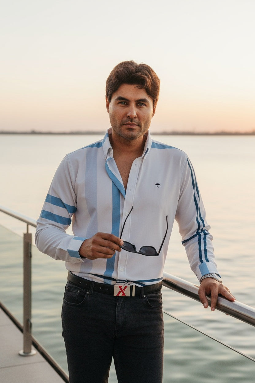 Camisa Hombre Casual Franjas Azules y Lila