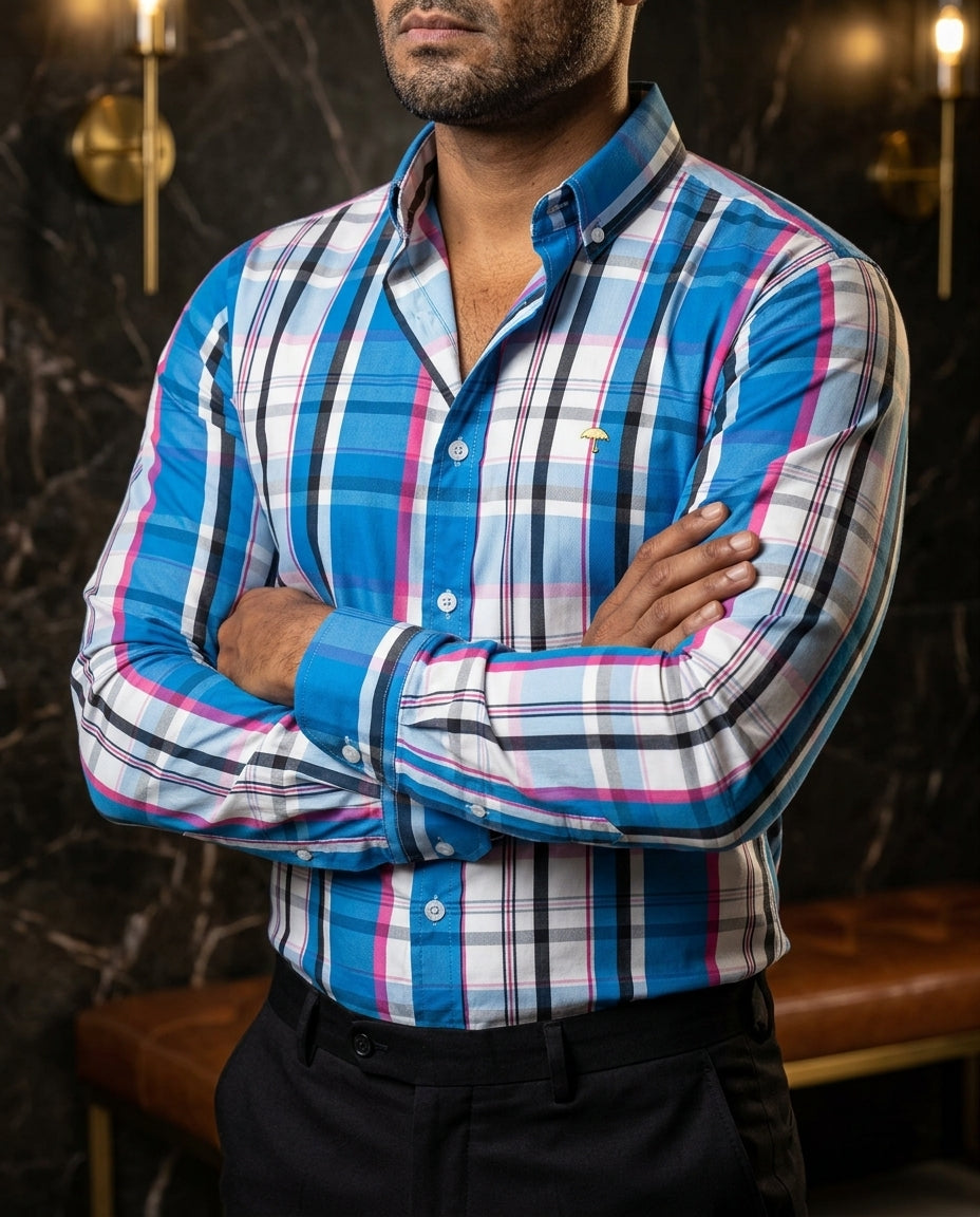 Camisa Hombre Rayas Blanco Azul Rosa — Azure Stripe | Moon & Rain