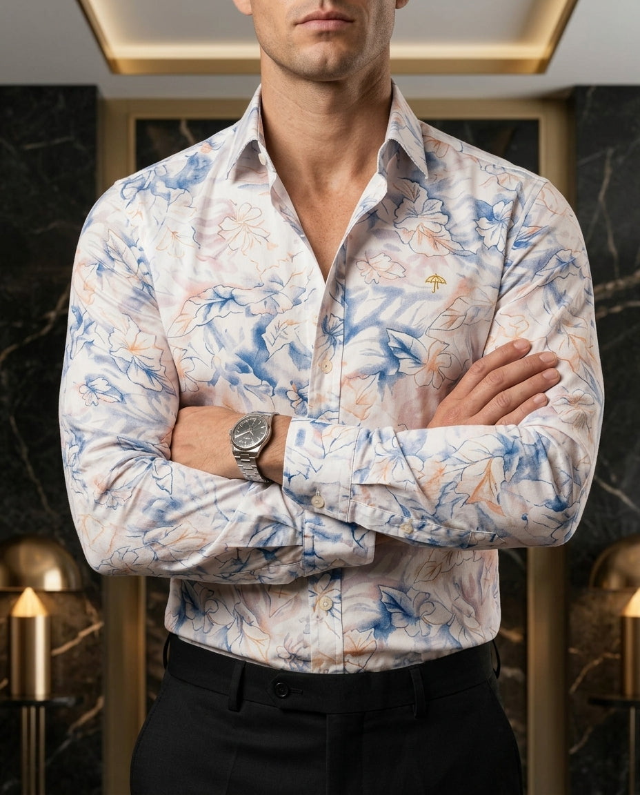 Men's Casual Slim Fit White Shirt with Iridescent Leaves