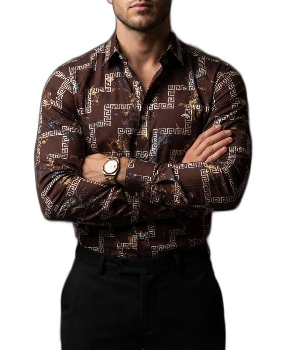 Camisa Hombre Casual Marrón Oscuro Figuras Blancas Doradas
