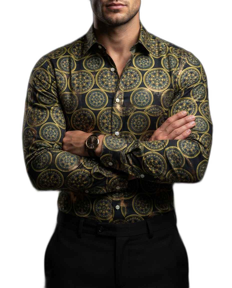 Camisa Hombre Casual Negra Figuras Mandalas Doradas, Marino