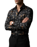 Camisa Hombre Casual Negra Figuras Blancas Destellos Dorados