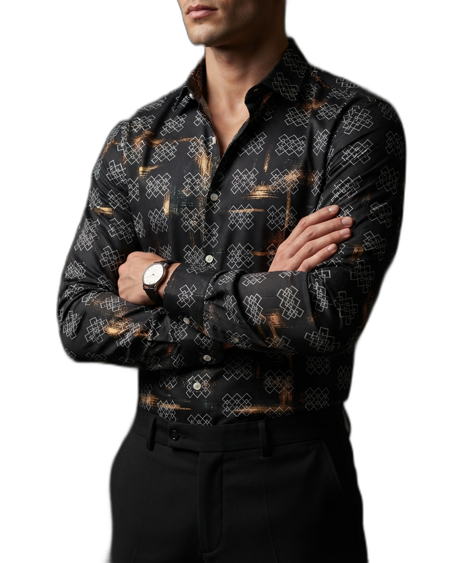 Camisa Hombre Casual Negra Figuras Blancas Destellos Dorados
