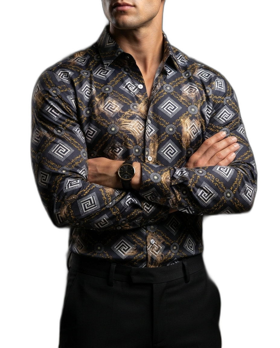 Camisa Hombre Casual Negro Mate Figuras Blancas