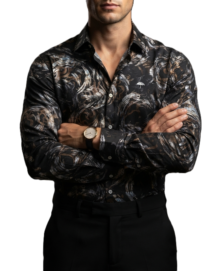 Camisa Hombre Casual Negra Siluetas Plateadas