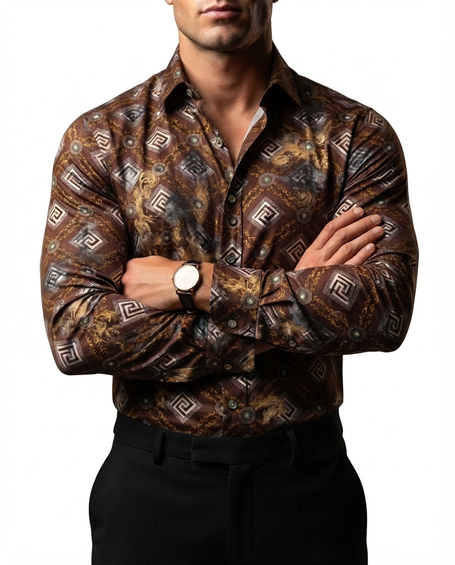 Camisa Hombre Casual Marrón Figuras Blancas