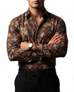 Camisa Hombre Casual Marrón Figuras Blancas