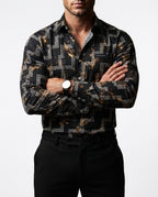 Camisa Hombre Casual Negra Figuras Blancas, Doradas