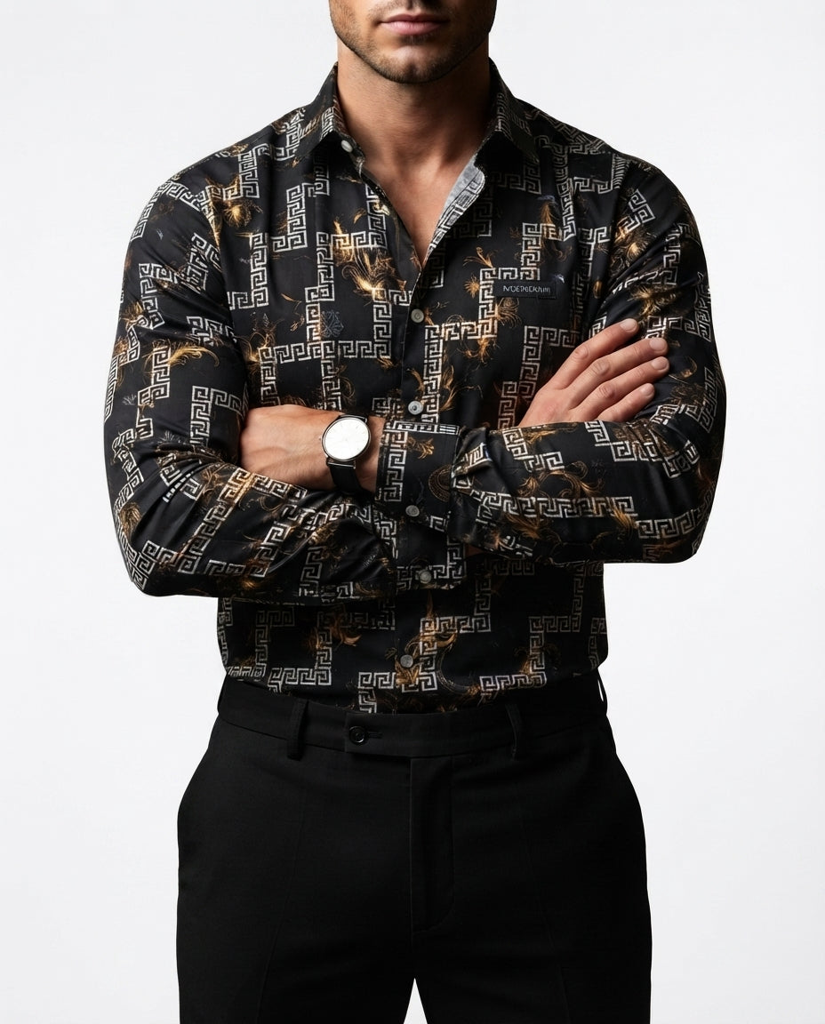 Camisa Hombre Casual Negra Figuras Blancas, Doradas