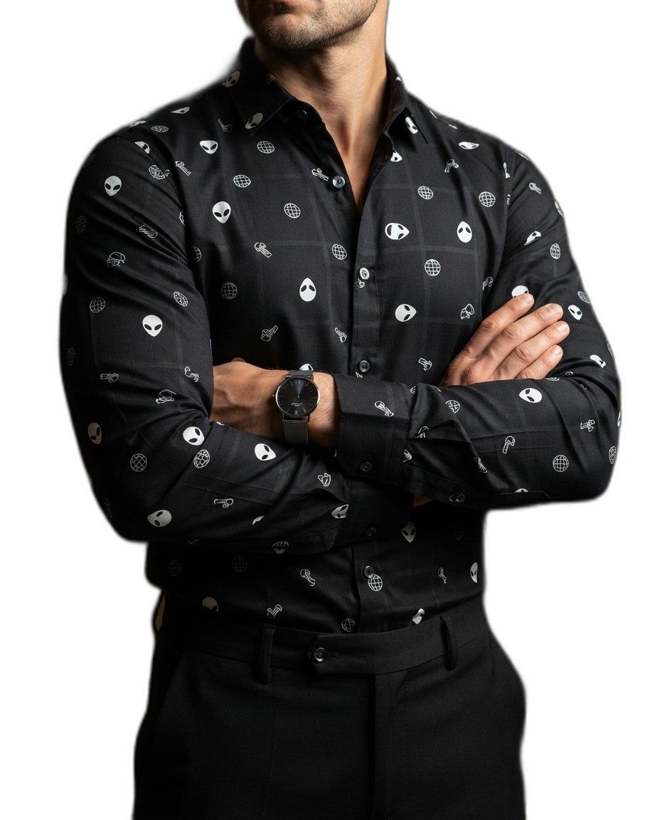 Camisa Hombre Casual Negra Figuras Aliens