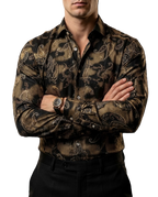Camisa Hombre Casual Negra Figuras Floreada Dorada