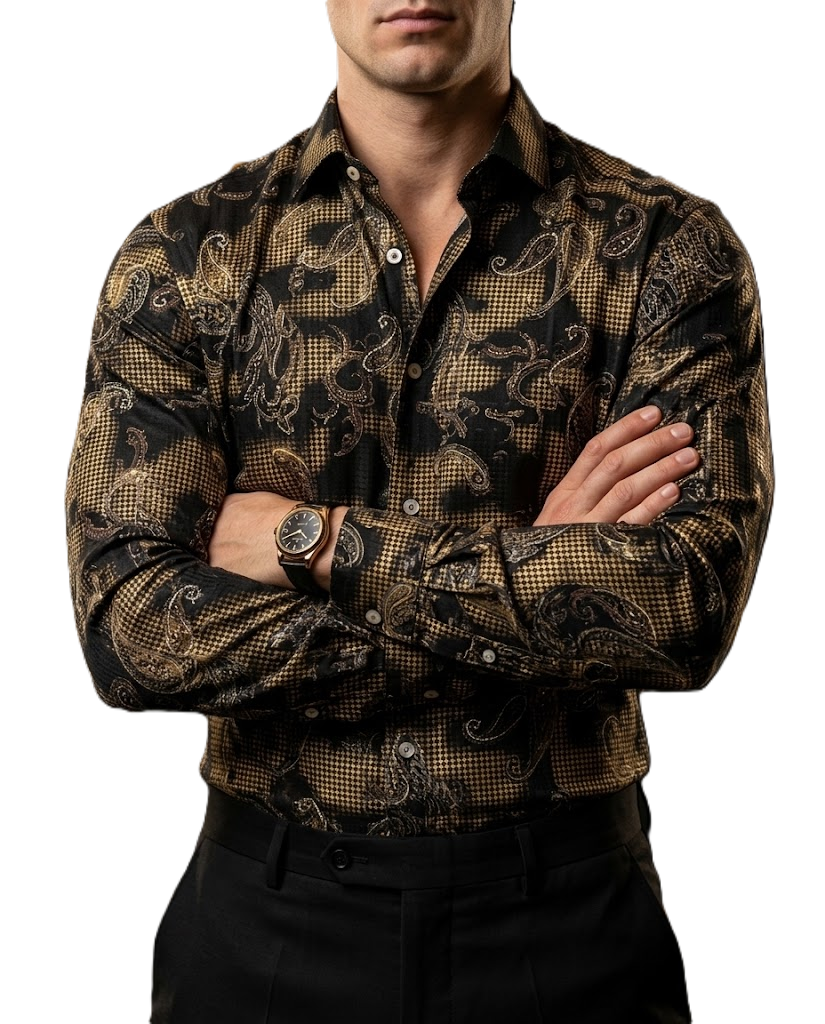Camisa Hombre Casual Negra Figuras Floreada Dorada