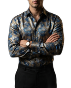 Camisa Hombre Casual Flores Tornasol Azul, Doradas