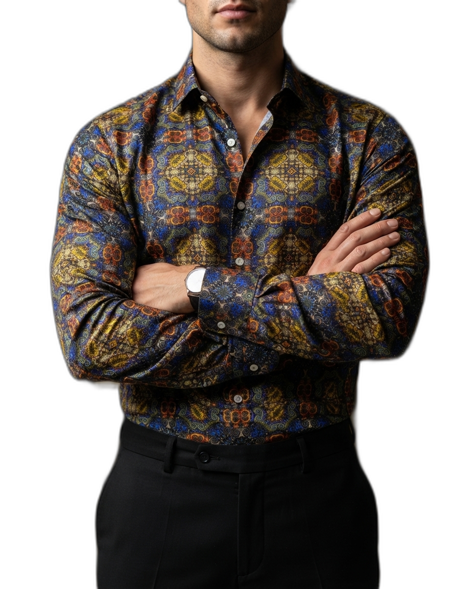 Camisa Hombre Casual Figuras Azules, Amarillas, Naranjas