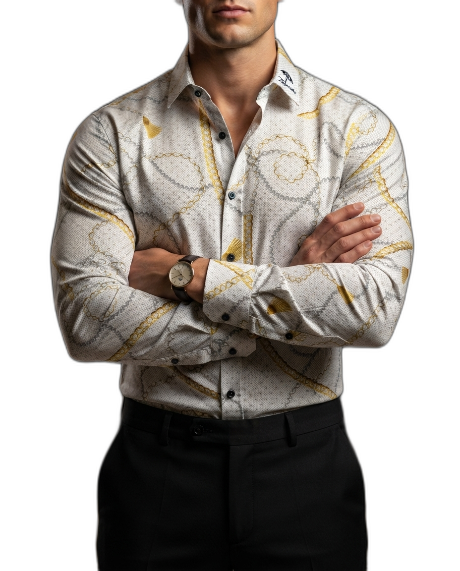 Camisa Hombre Casual Blanca Cadenas Doradas, Plateadas