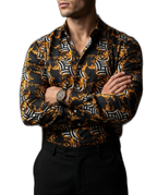 Camisa Hombre Casual Negra Figuras Blancas Cadenas