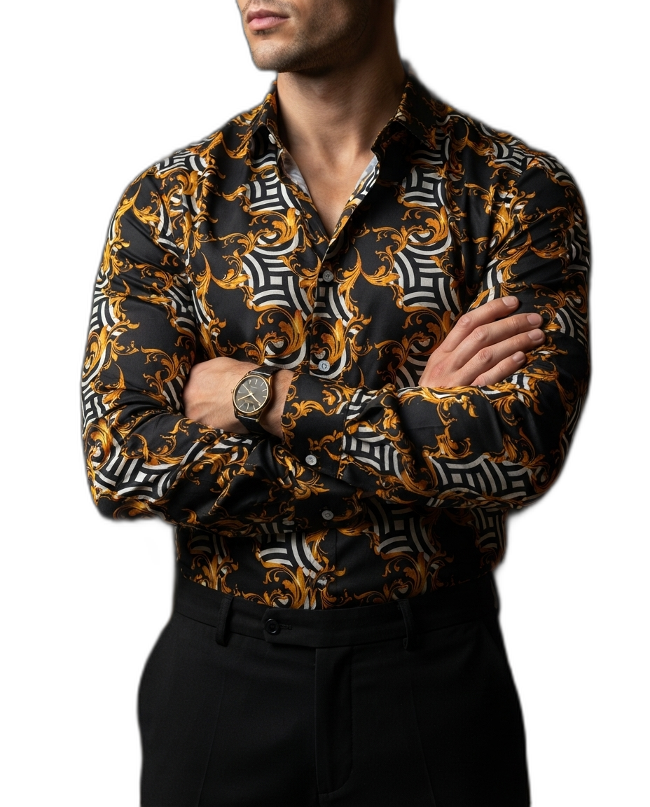 Camisa Hombre Casual Negra Figuras Blancas Cadenas