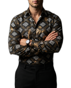 Camisa Negra Casual Negra Figuras Doradas, Blancas