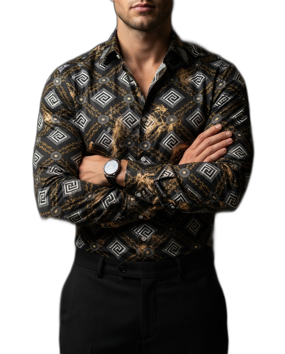 Camisa Negra Casual Negra Figuras Doradas, Blancas