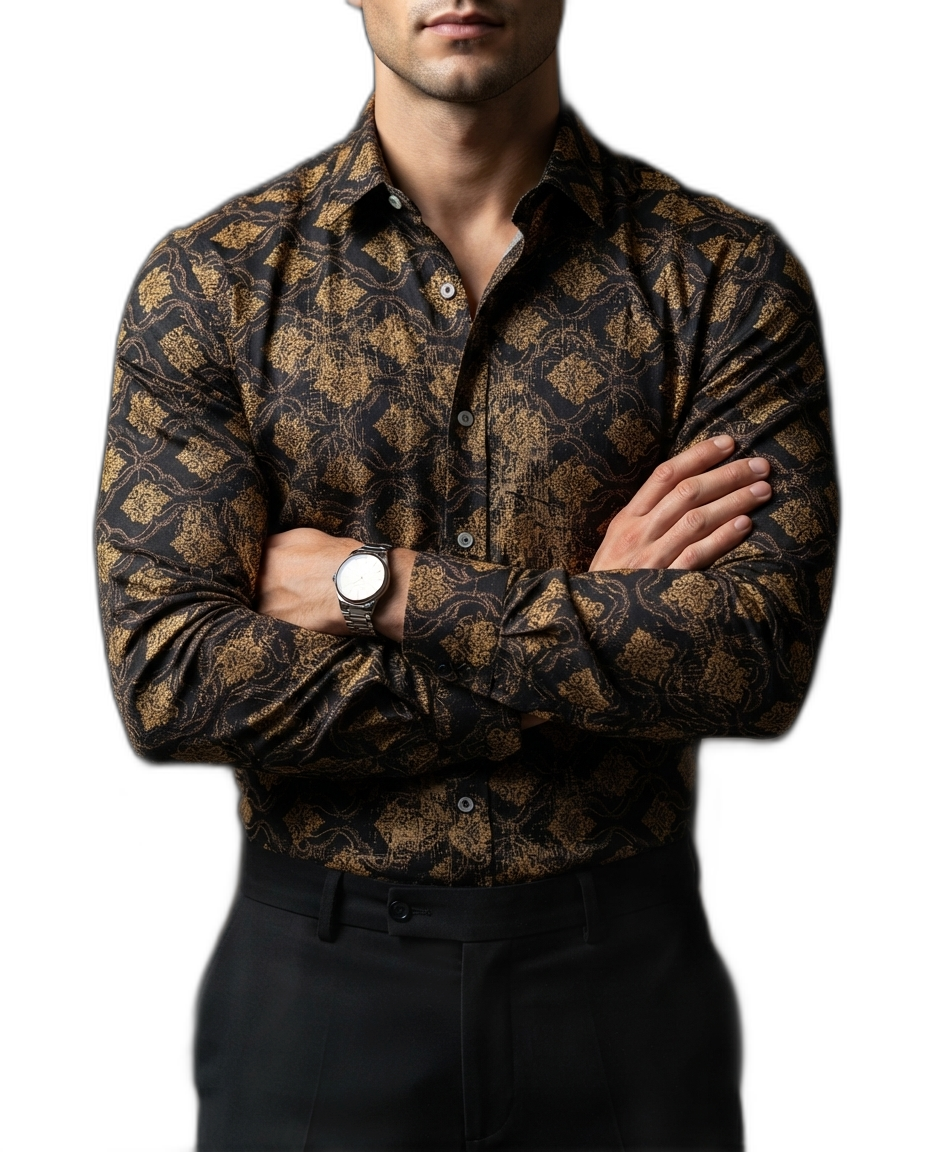 Camisa Hombre Casual Negra Figuras Doradas