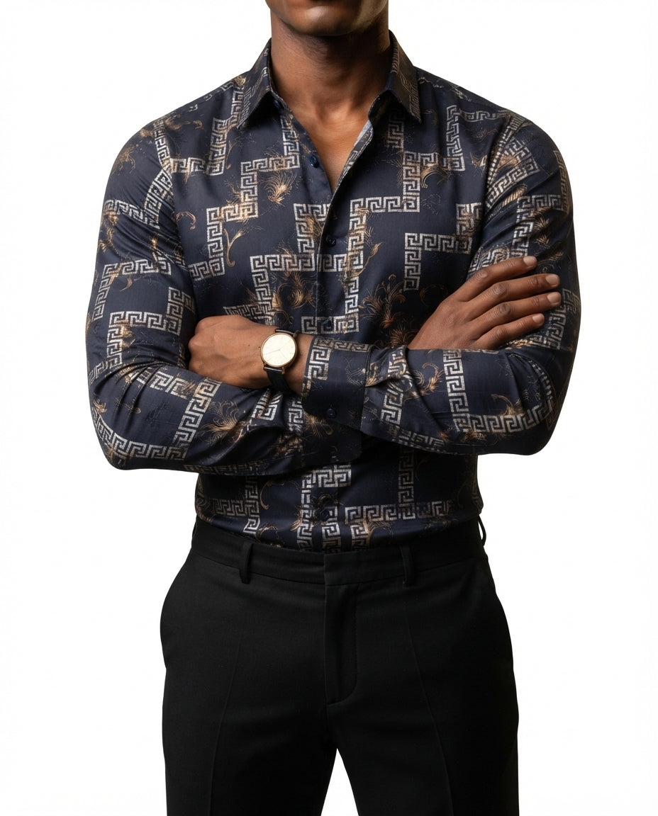 Camisa Hombre Casual Azul Marino Figuras Plateadas