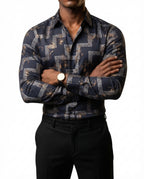 Camisa Hombre Casual Azul Marino Figuras Plateadas