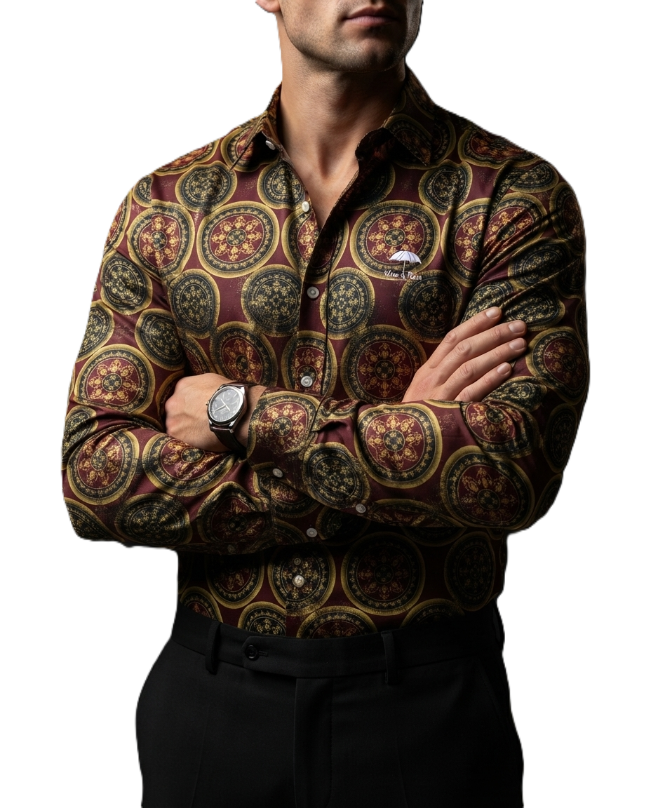 Camisa Hombre Casual Vino Figuras Doradas, Negras