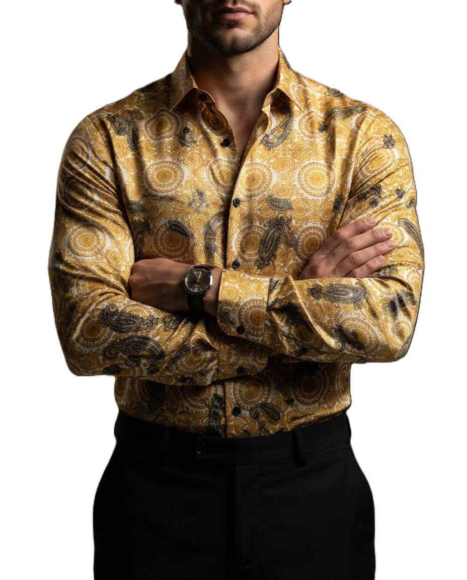 Camisa Hombre Casual Figuras Doradas, Blancas