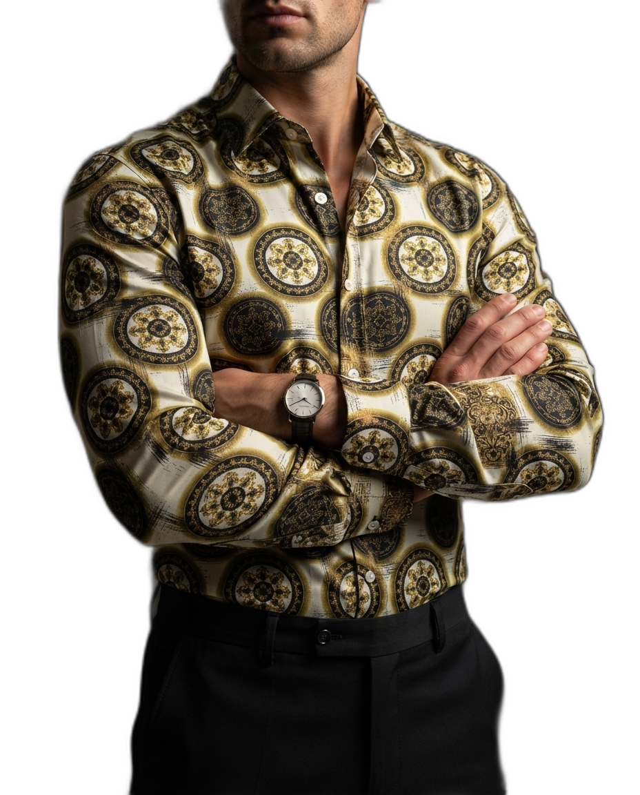 Camisa Hombre Casual Blancas Figuras Mandalas Negras. Doradas