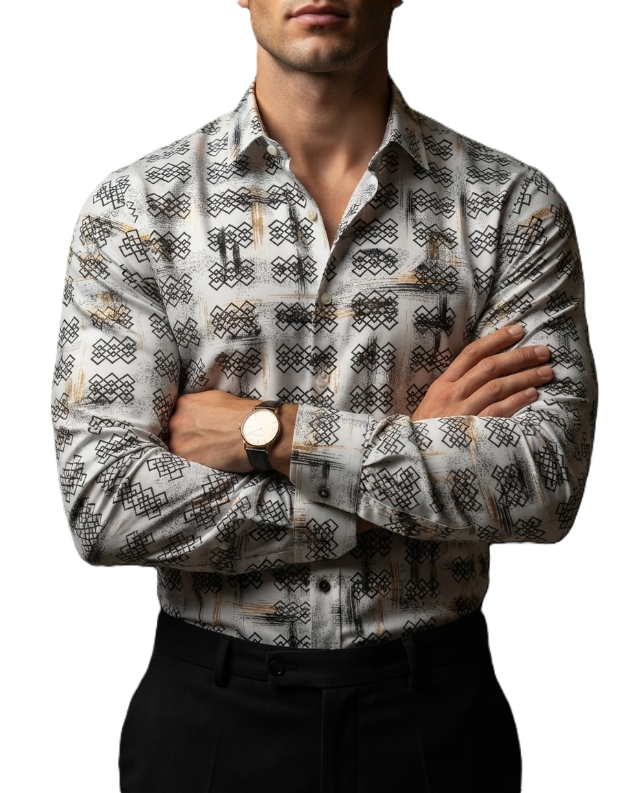 Camisa Hombre Casual Blanca Figuras Negras Destellos