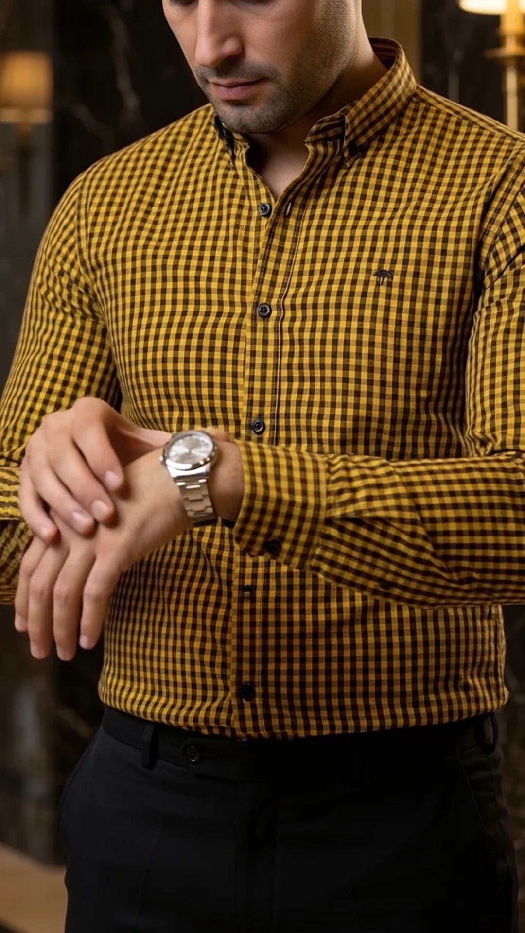 Camisa Hombre Cuadros Negro Amarillo — Onyx Mini | M · foto 2/3