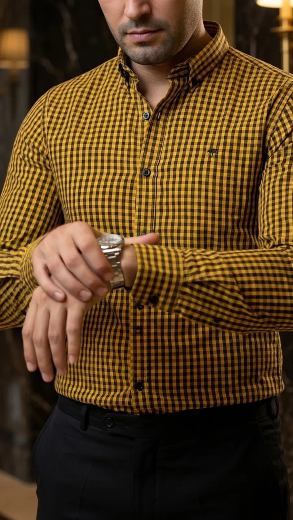 Camisa Hombre Cuadros Negro Amarillo — Onyx Mini | M · foto 3/3