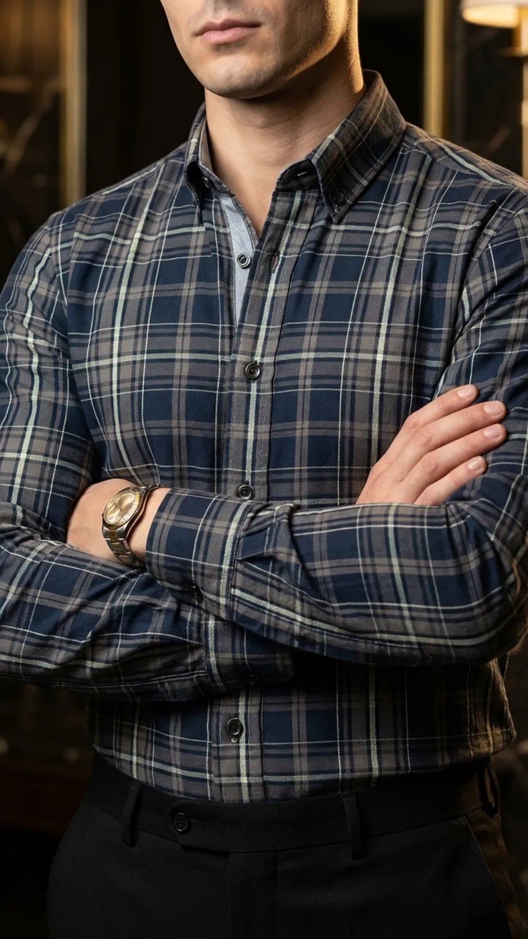 Camisa Hombre Casual Cuadros Marino, Marrón Oscuro · foto 1/3