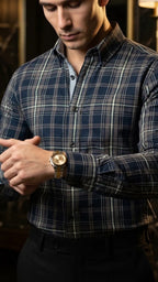 Camisa Hombre Casual Cuadros Marino, Marrón Oscuro · foto 2/3