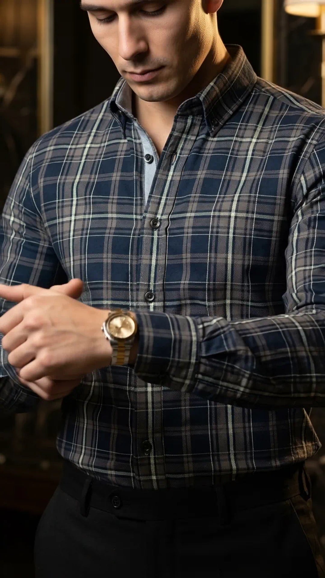 Camisa Hombre Casual Cuadros Marino, Marrón Oscuro · foto 2/3