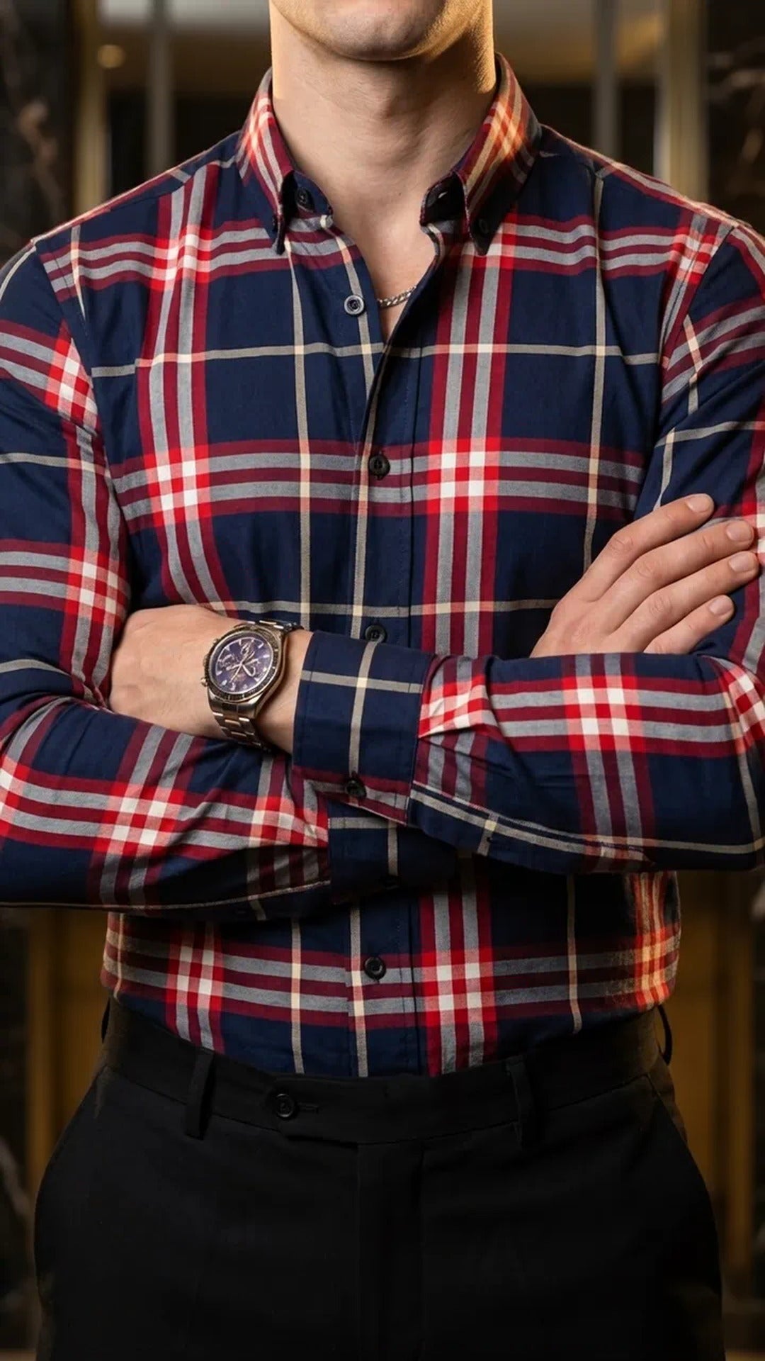 Camisa Hombre Casual Cuadros Marino Lineas Rojas, Bl · foto 1/3