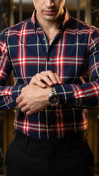 Camisa Hombre Casual Cuadros Marino Lineas Rojas, Bl · foto 3/3
