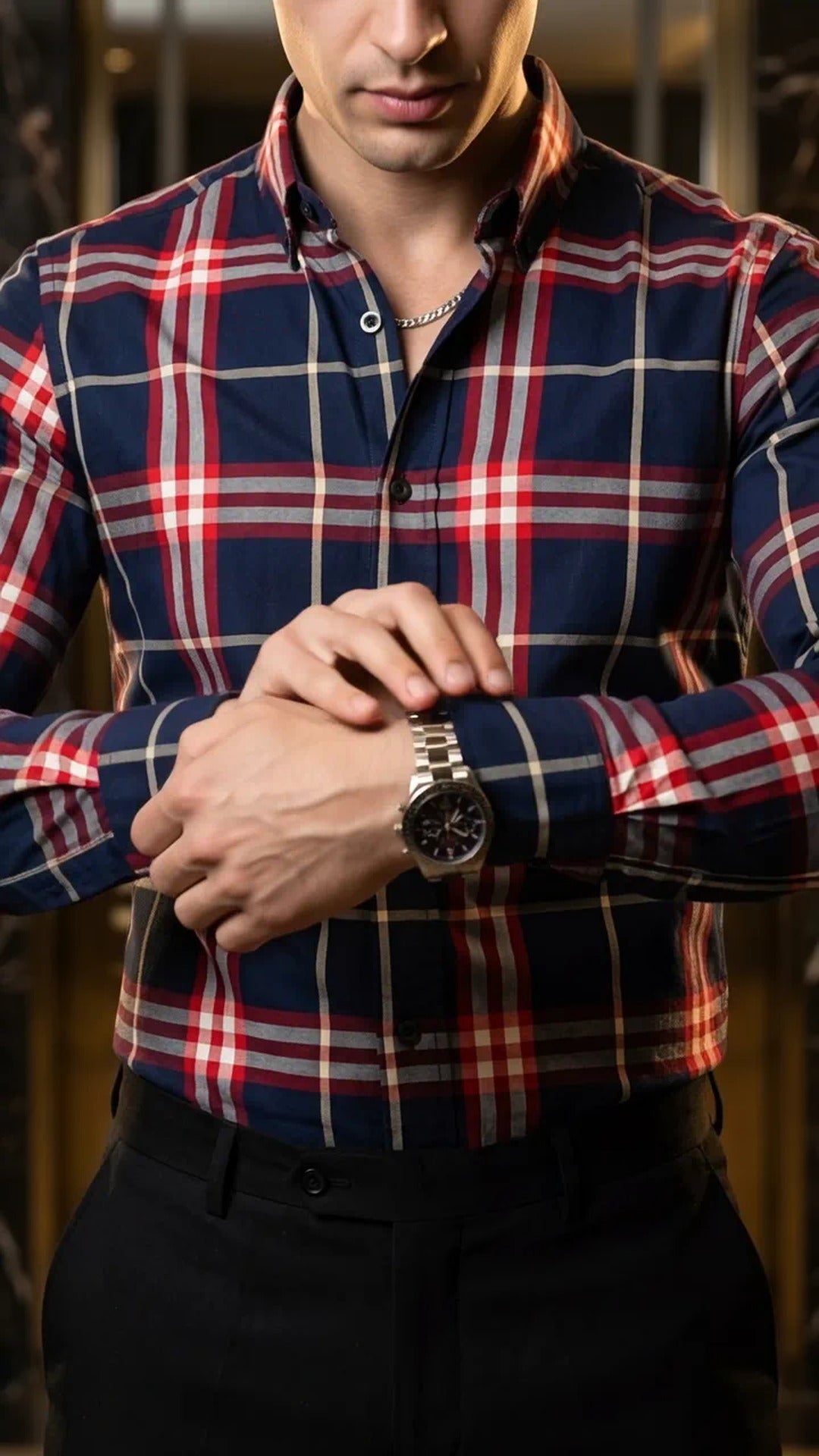 Camisa Hombre Casual Cuadros Marino Lineas Rojas, Bl · foto 3/3