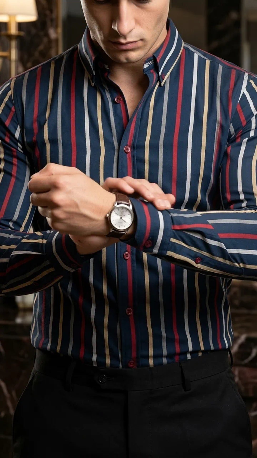Camisa Hombre Casual Marino Rayas Gris, Rojos, Amari · foto 2/3