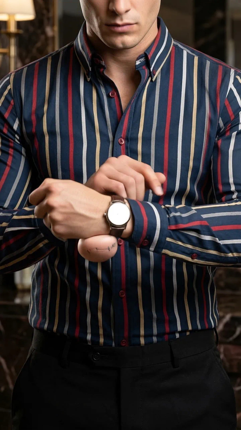 Camisa Hombre Casual Marino Rayas Gris, Rojos, Amari · foto 3/3
