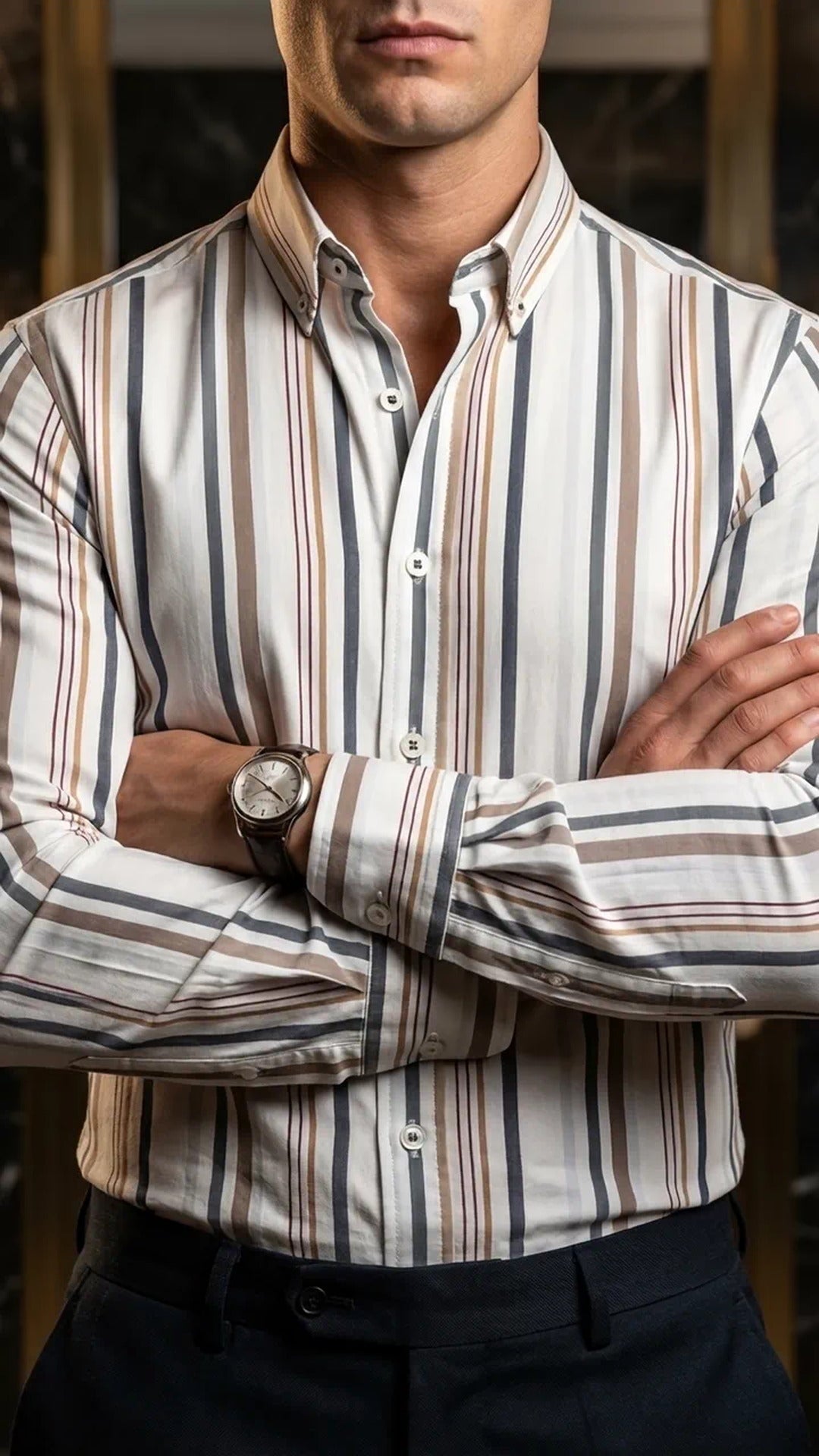 Camisa Hombre Casual Blanca Rayas Gris, Marrón · foto 1/3