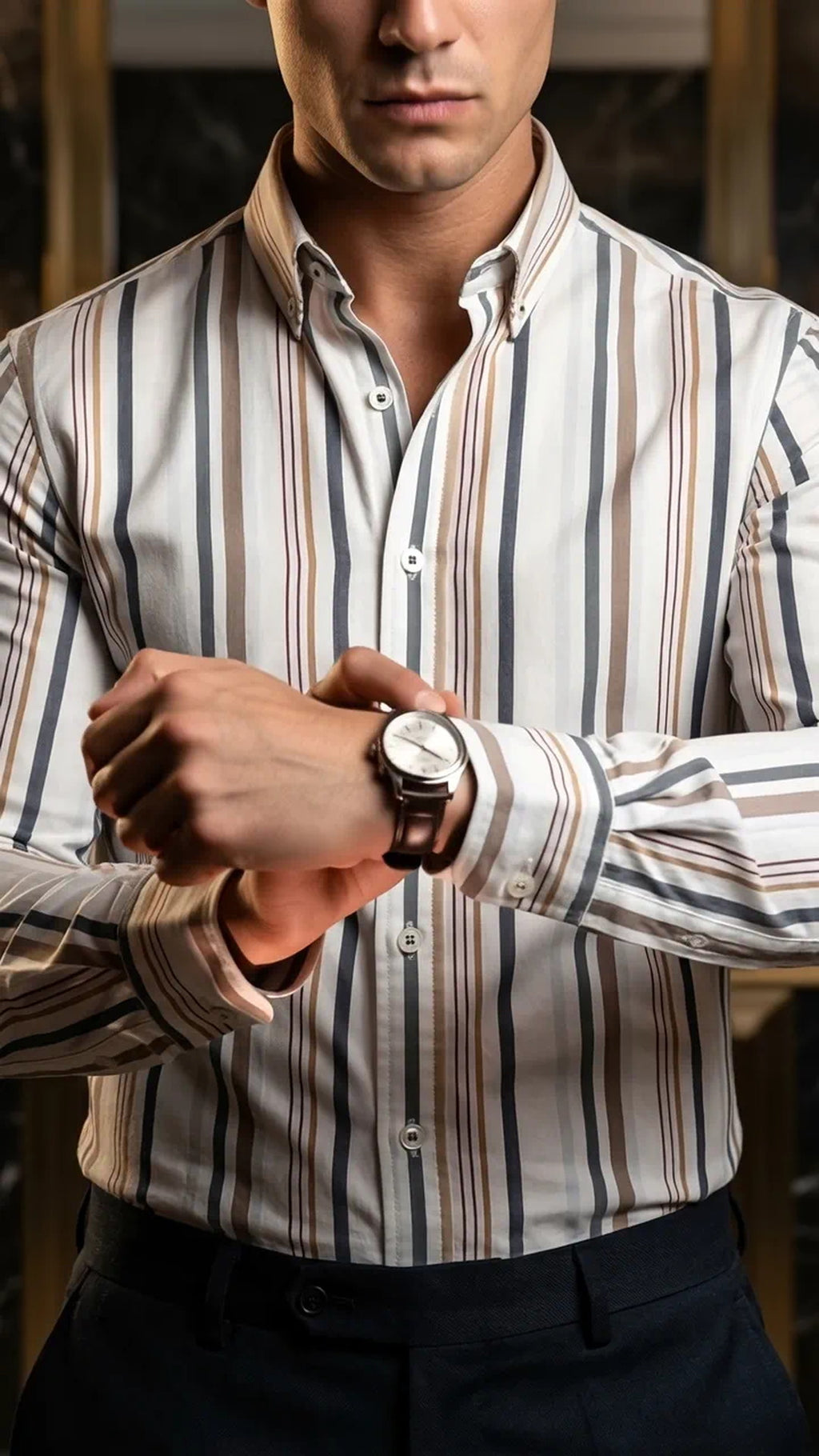 Camisa Hombre Casual Blanca Rayas Gris, Marrón · foto 3/3