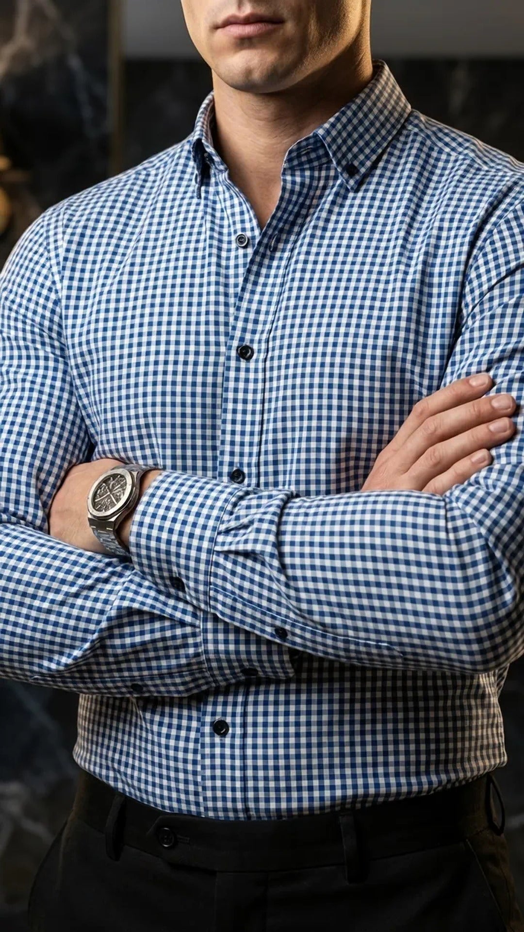 Camisa Hombre Casual Mini Cuadros Azules, Blancos · foto 1/3
