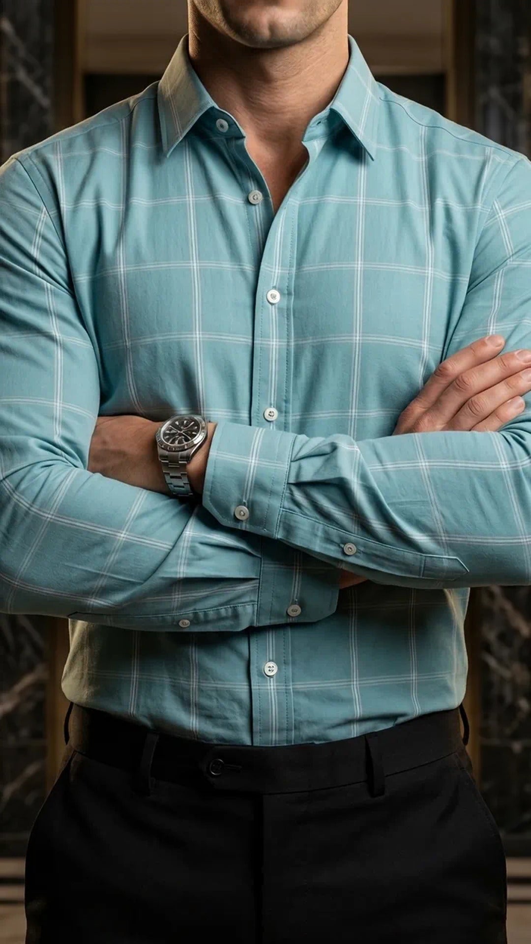 Camisa Hombre Casual Azul Claro Lineas Blancas · foto 1/3