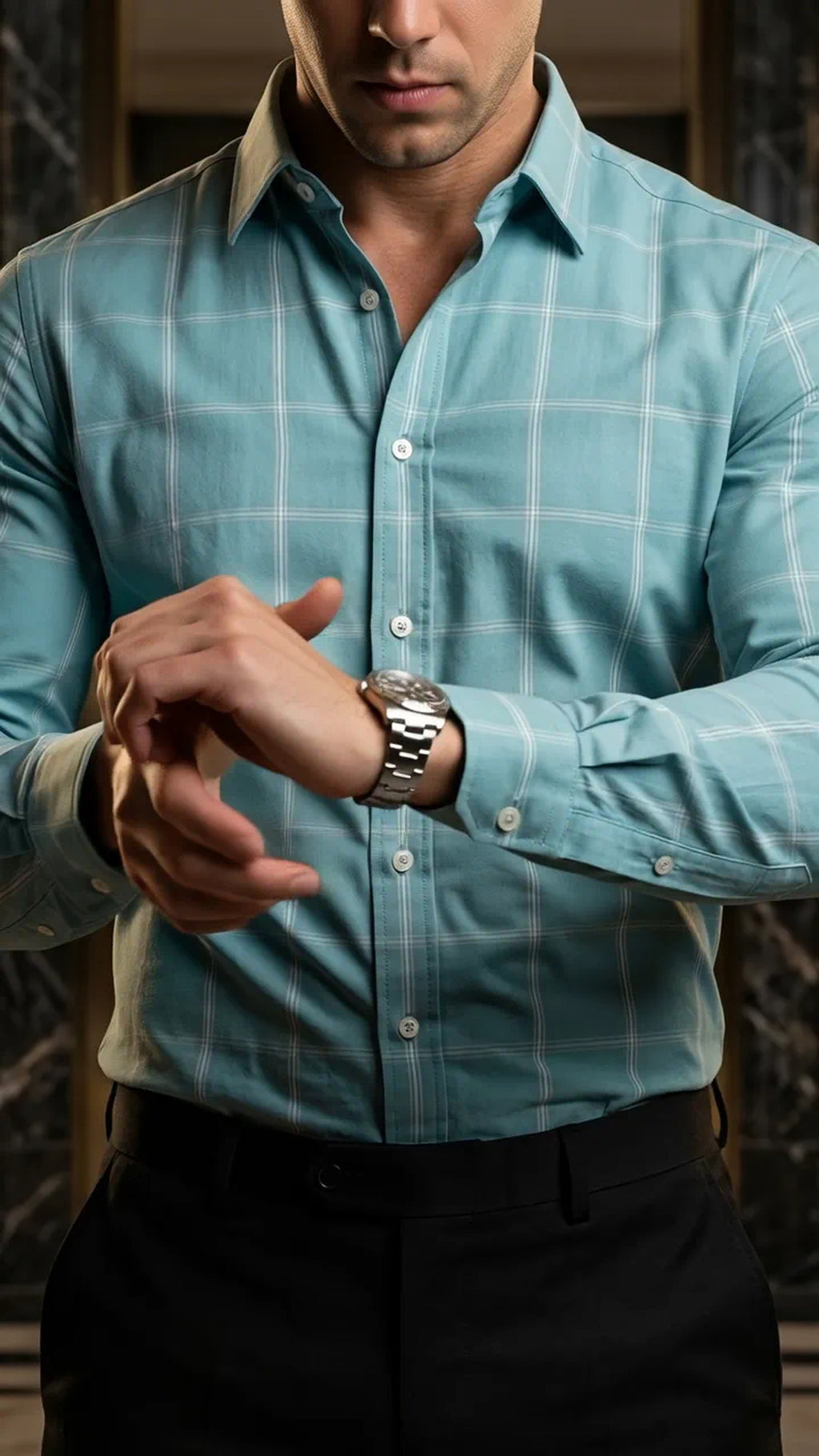 Camisa Hombre Casual Azul Claro Lineas Blancas · foto 2/3