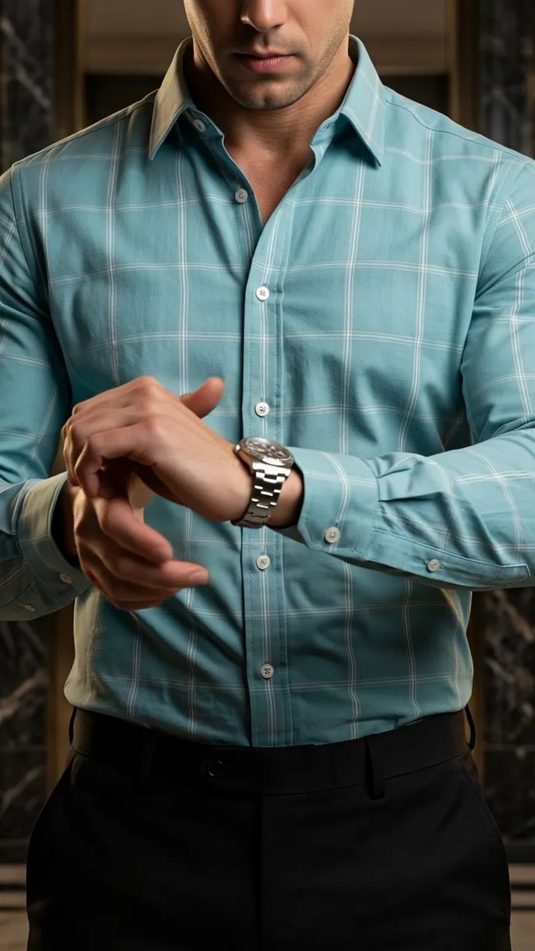 Camisa Hombre Casual Azul Claro Lineas Blancas · foto 2/3