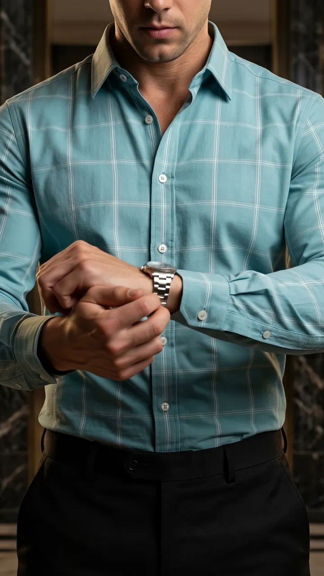 Camisa Hombre Casual Azul Claro Lineas Blancas · foto 3/3