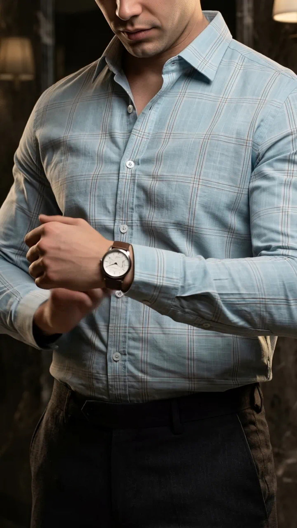 Camisa Hombre Casual Azul Cielo Lineas Gris · foto 2/3