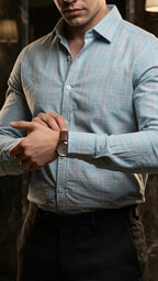 Camisa Hombre Casual Azul Cielo Lineas Gris · foto 3/3